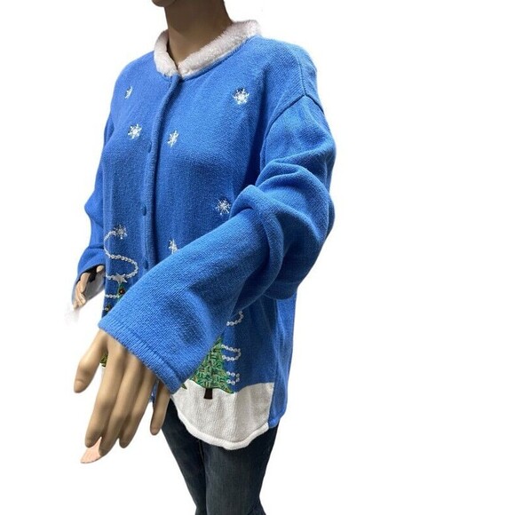 Crystal Kobe powder blue Cardigan Embellished Sequin Christmas Tree Sweater 3XL - Picture 6 of 11